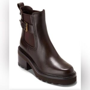 Cole Haan Women’s Chelsea Booties in Deep Brown with Gold Buckle